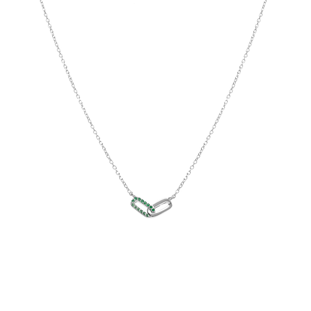 Collier argent rhodi� deux  rectangles entrelac�s un lisse un avec oxydes verts sertis  - 39+4cm - Vue 2