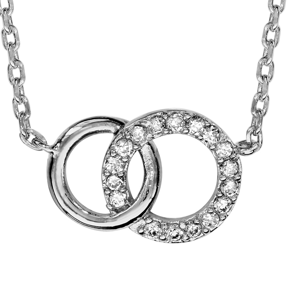 Collier en argent rhodi� cha�ne avec pendentif 2 anneaux de taille diff�rente emmaill�s, 1 gros orn� d\'oxydes blancs et le petit lisse - longueur 40cm + 2cm de rallonge - Vue 2