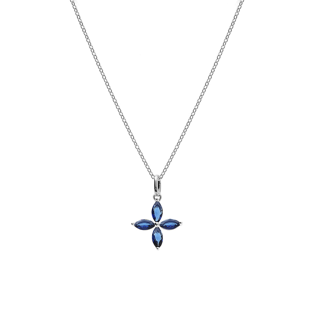 Collier en argent rhodi pendentif fleur verre bleu fonc 40+4cm - Vue 2