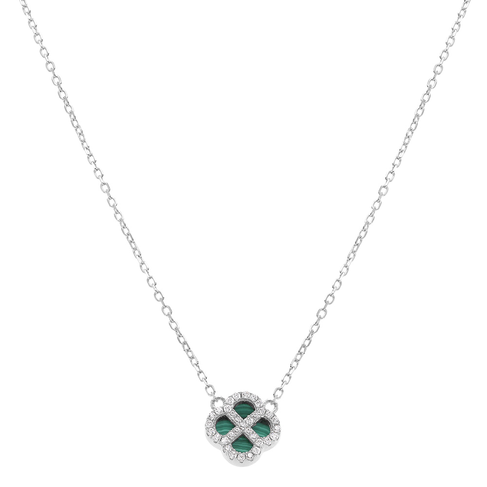 Collier en argent rhodi� pendentif tr�fle malachite v�ritable contour oxydes blancs -40+5cm - Vue 2