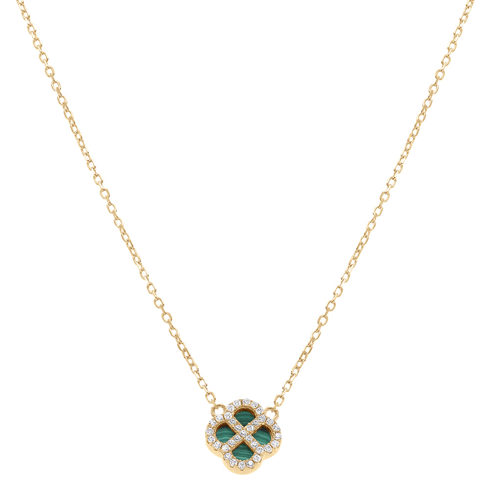 Collier en argent dor� avec pendentif tr�fle malachite v�ritable, contour oxydes blancs 40+5cm - Vue 2