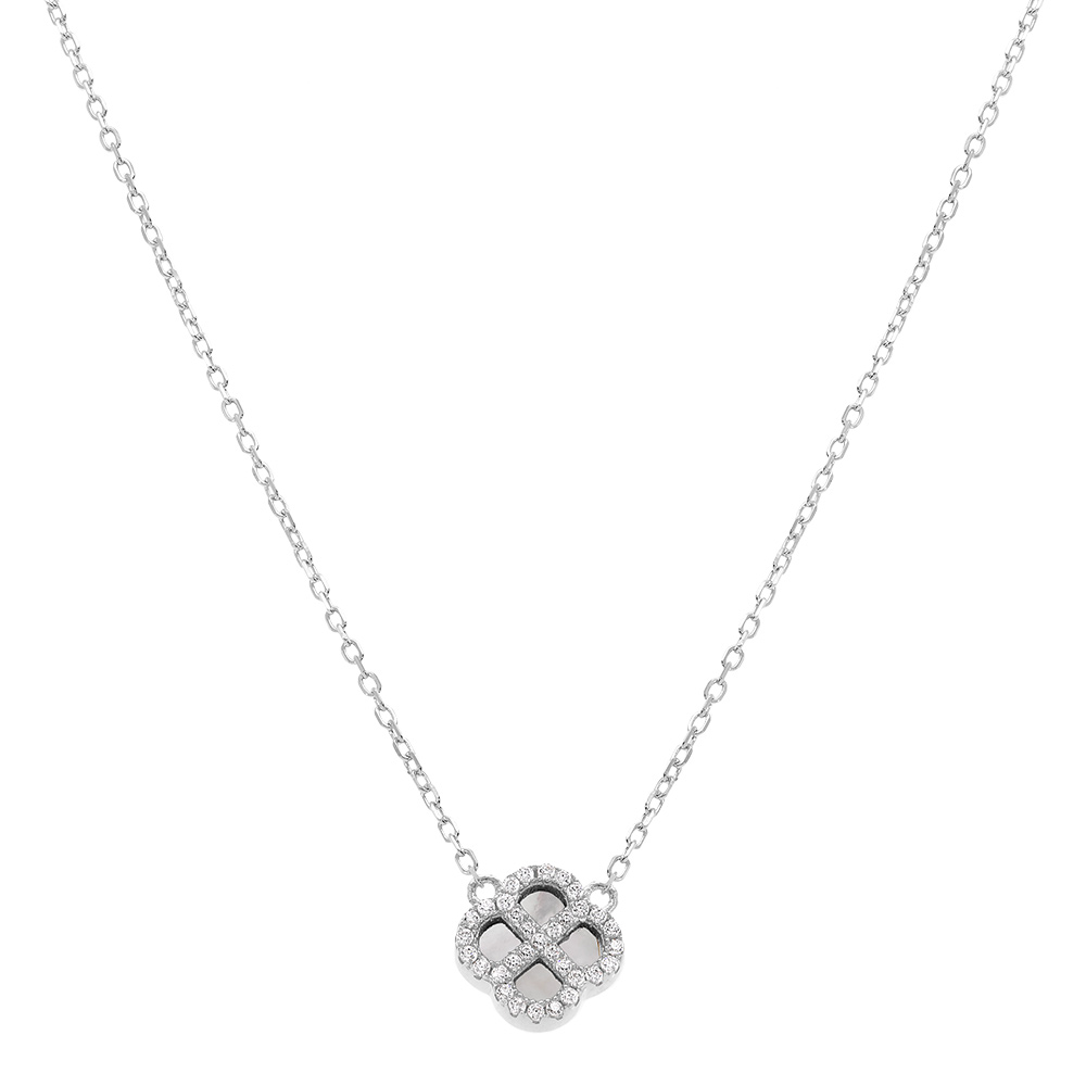 Collier en argent rhodi� pendentif tr�fle agate blanche v�ritable contour oxydes blancs - 40+5cm - Vue 2