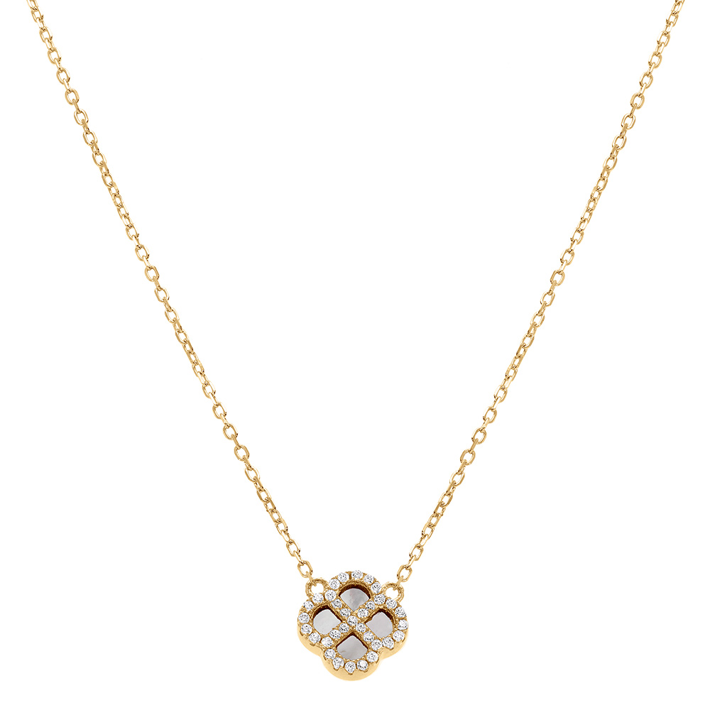 Collier en argent dor� avec pendentif tr�fle nacre v�ritable contour oxydes blancs 40+5cm - Vue 2