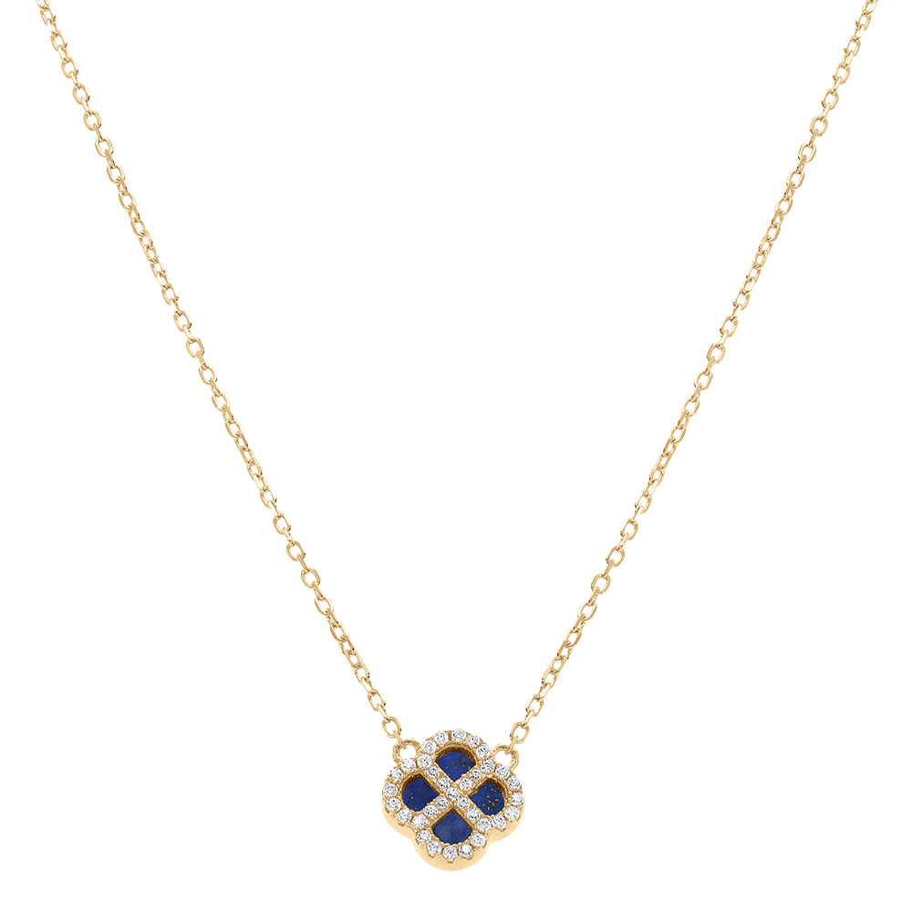 Collier en argent dor� avec pendentif tr�fle verre bleu fonc� contour oxydes blancs 40+5cm - Vue 2