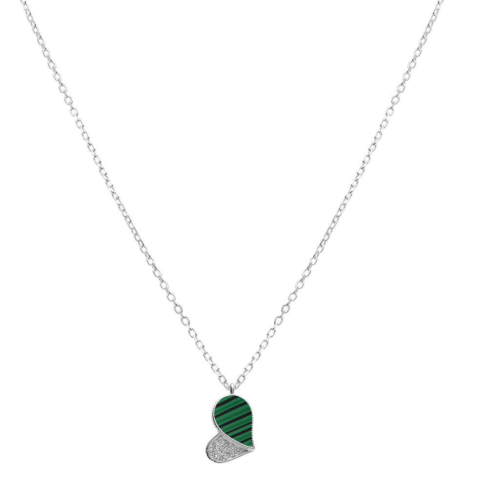 Collier en argent rhodi� avec pendentif coeur avec oxydes blancs et malachite v�ritable - 39+4cm - Vue 2