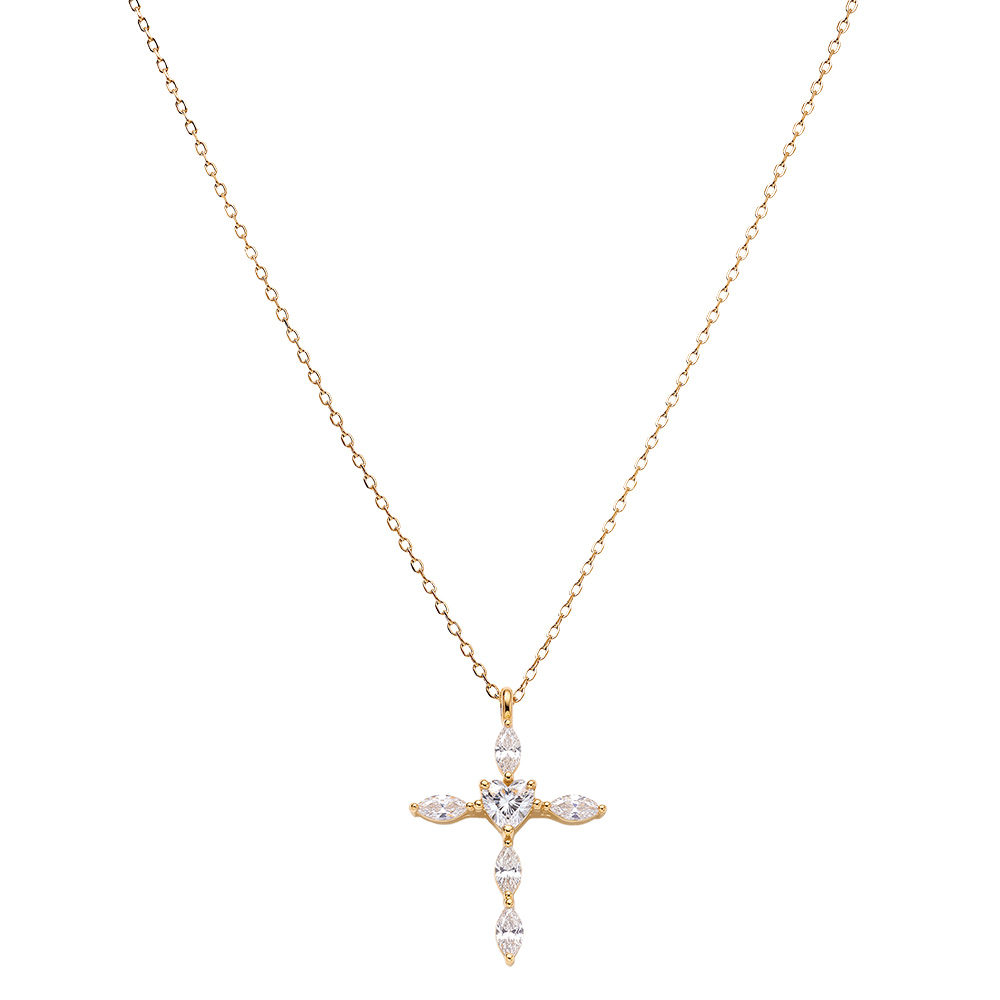 Collier en argent dor� pendentif croix 20 x 13mm oxydes blancs sertis  - 38+5cm - Vue 2