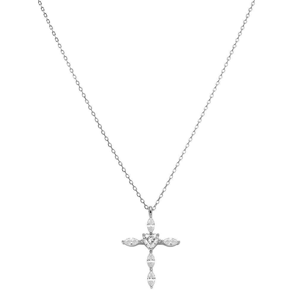 Collier argent rhodi� pendentif croix 20 x 13mm oxydes blancs sertis -  38+5cm - Vue 2