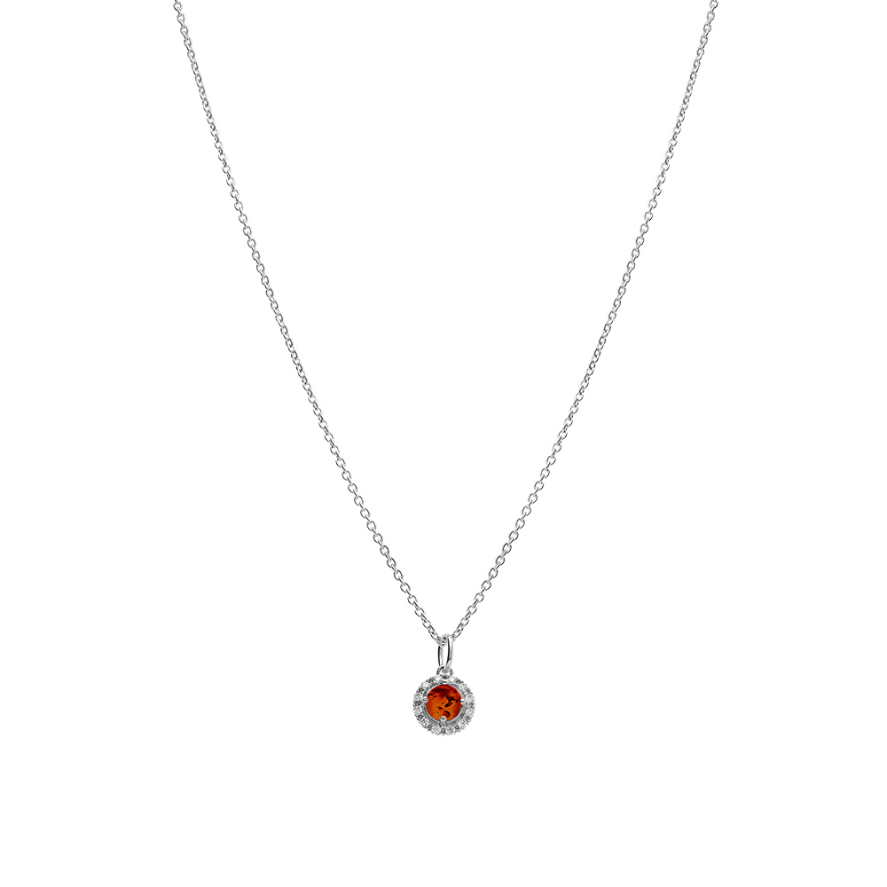 Collier en argent rhodi� pendentif ambre rond v�ritable contour entour� d\'oxydes blancs - 42+3cm - Vue 2