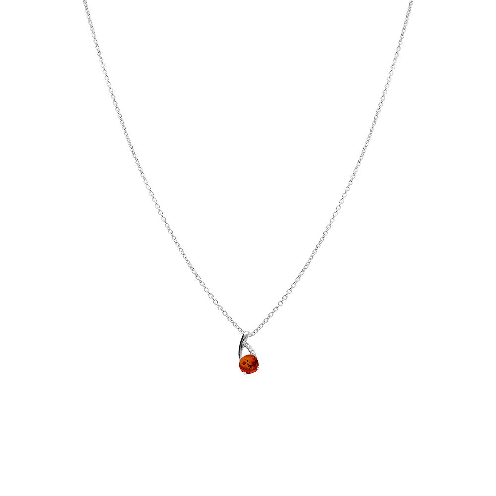 Collier argent rhodi� pendentif ambre v�ritable et oxydes blancs - 42+3cm - Vue 2
