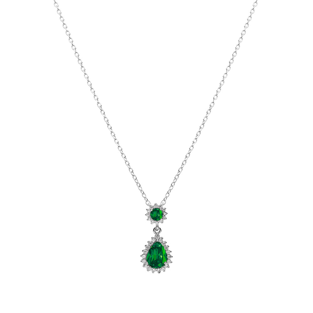 Collier en argent rhodi pendentif goutte par d\'oxydes vert et contour d\'oxydes blancs sertis - 42+3cm - Vue 2