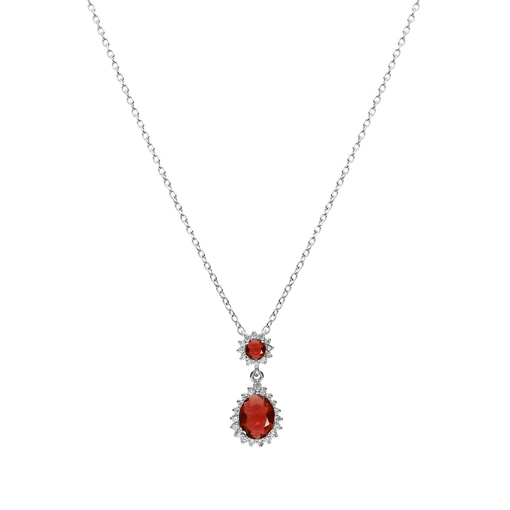 Collier en argent rhodi� pendentif goutte par� d\'oxydes rouges et contour d\'oxydes blancs sertis - 42+3cm - Vue 2