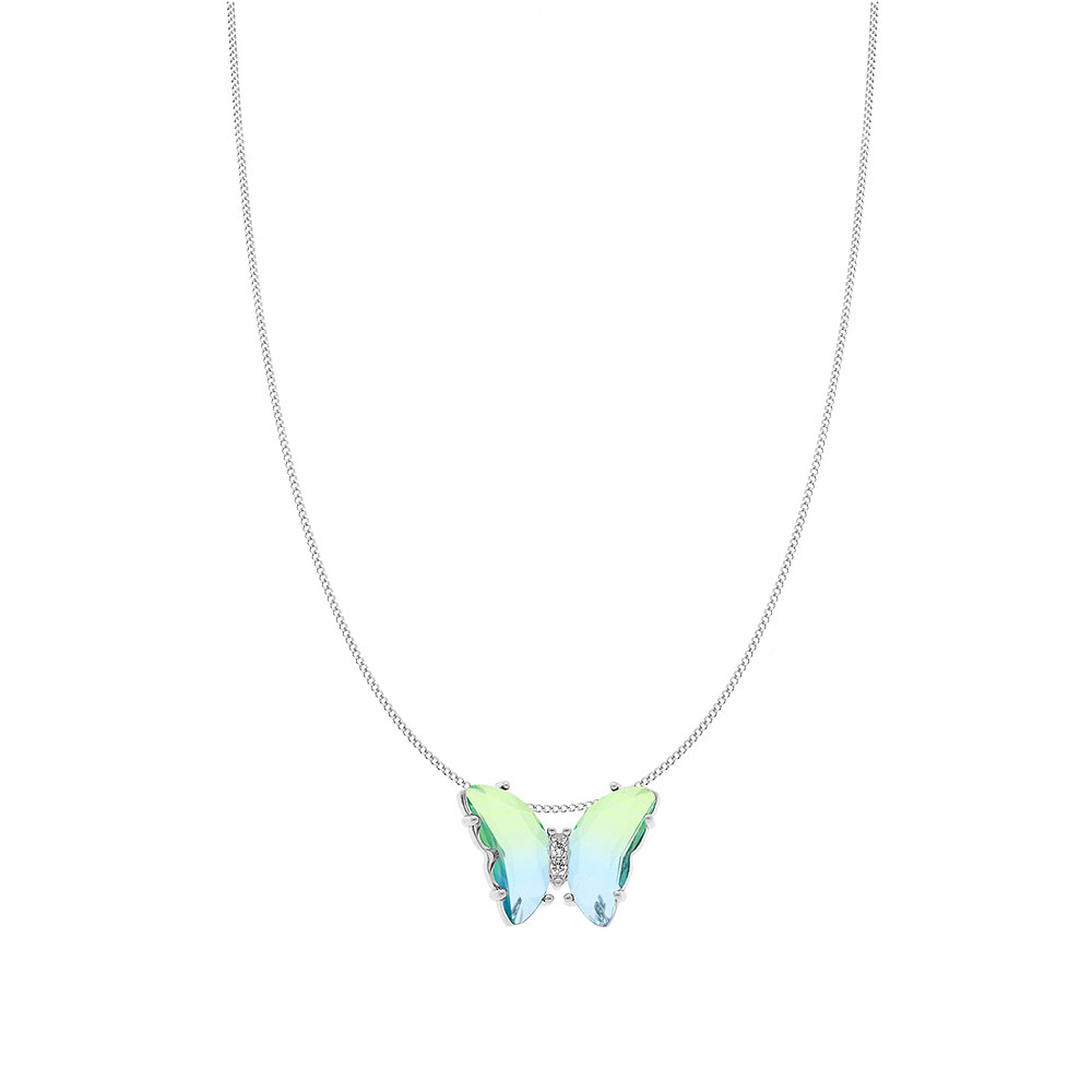 Collier en argent rhodi� papillon 20x15mm verre d�grad� bleu vert et orn� d\'oxydes blancs sertis - 42+3cm - Vue 2