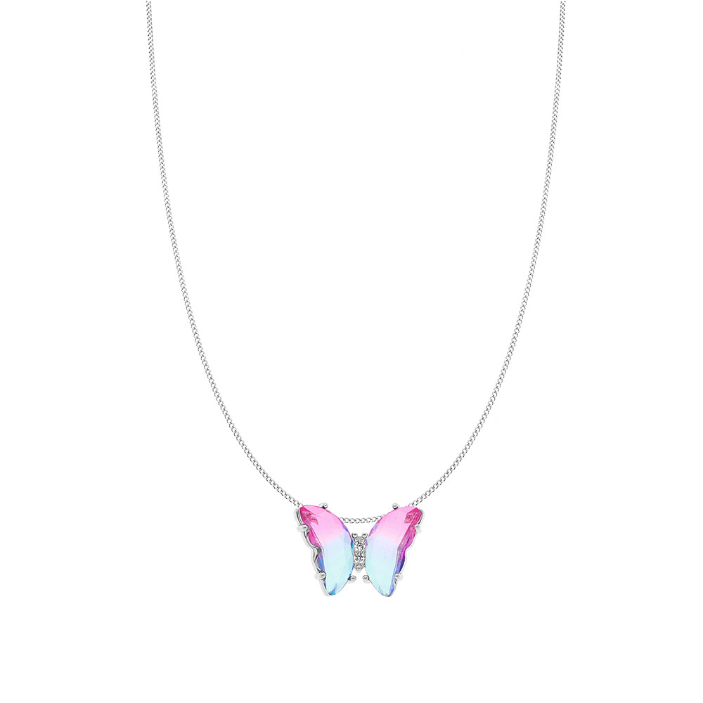 Collier en argent rhodi� papillon 20x15mm verre d�grad� rose et orn� d\'oxydes blancs sertis - 42+3cm - Vue 2