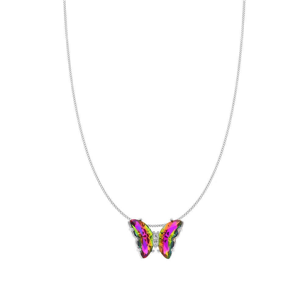 Collier en argent rhodi� papillon verre 42x30mm multi couleur et orn� d\'oxydes blancss sertis - 42+3cm - Vue 2