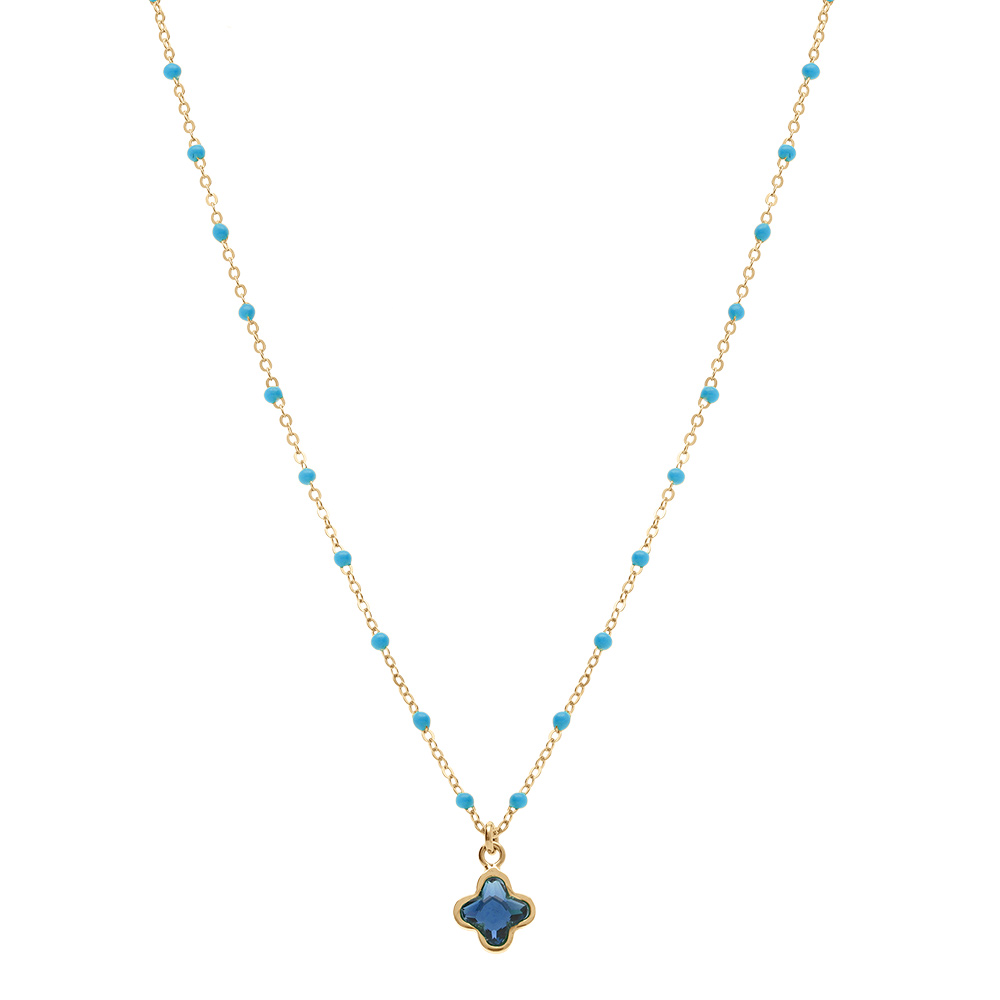 Collier en argent dor� avec boules en r�sine turquoise et pendentif tr�fle en cristal bleu fonc� - 40+5cm - Vue 2