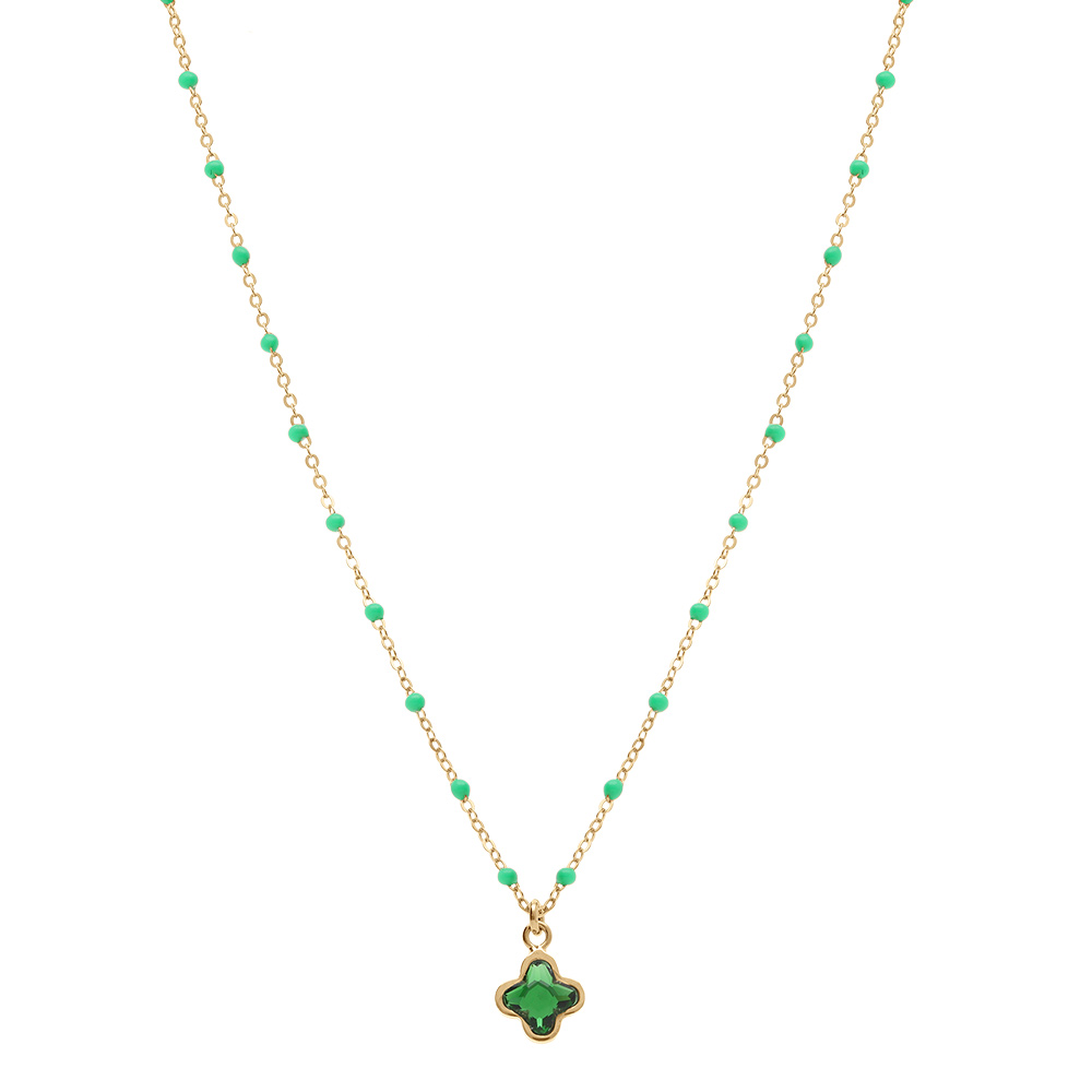 Collier en argent dor� avec boules en r�sine verte et pendentif tr�fle en cristal vert - 40+5cm - Vue 2