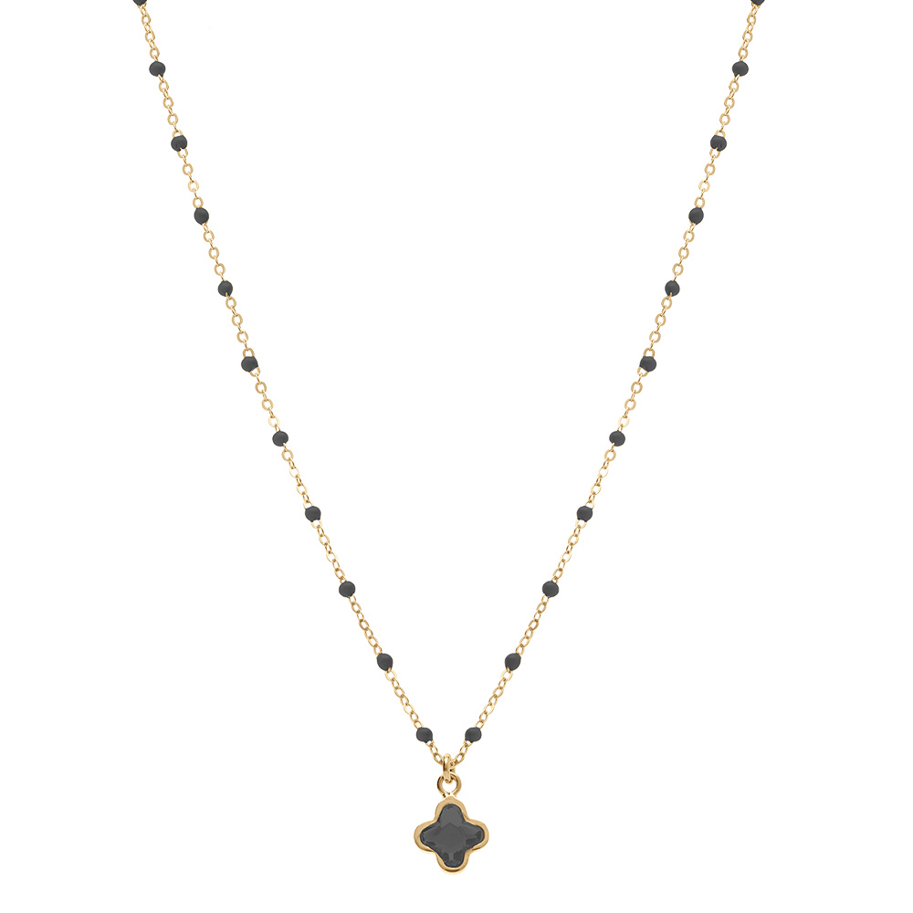Collier en argent dor� avec boules en r�sine noire et pendentif tr�fle en cristal noir - 40+5cm - Vue 2