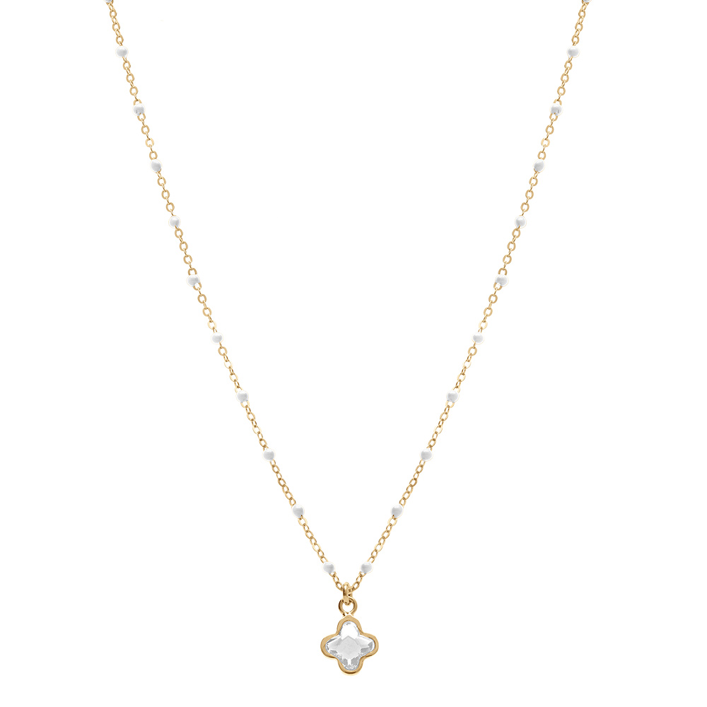 Collier en argent dor� avec boules en r�sine blanche et pendentif tr�fle en cristal blanc - 40+5cm - Vue 2