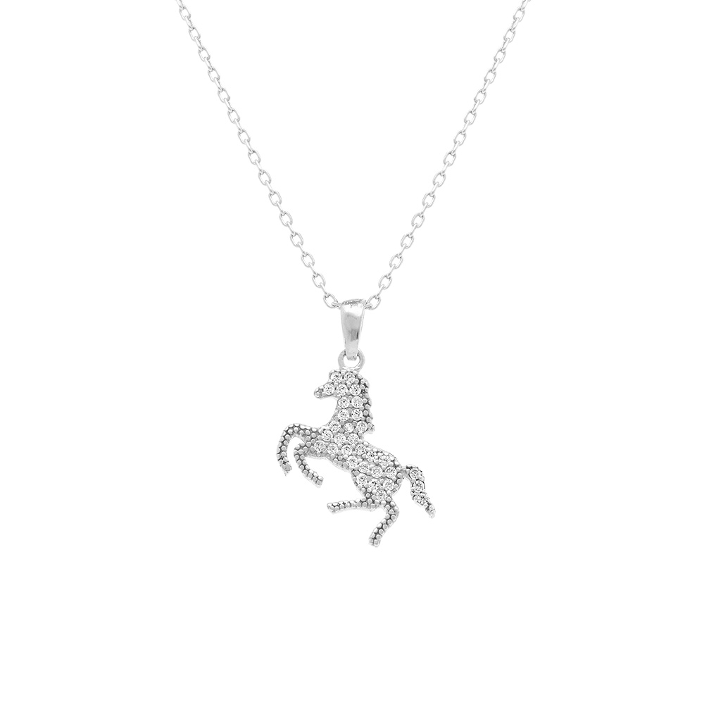 Collier en argent rhodi� pendentif cheval avec oxydes blancs - 40+5cm - Vue 2