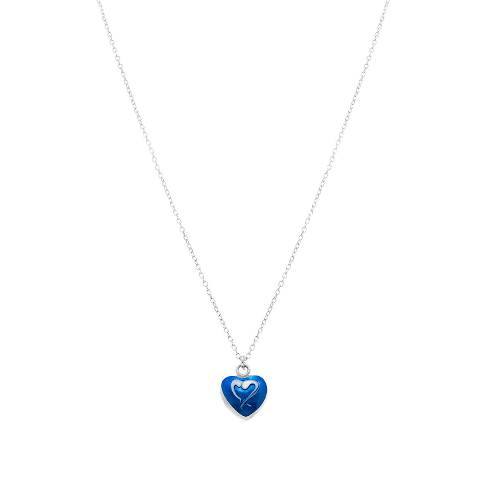 Collier en argent rhodi pendentif coeur bomb rsine  chaud bleu fonc recto verso - 41+3cm - Vue 2