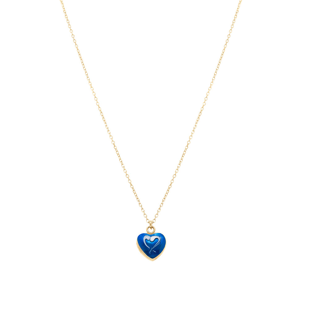 Collier en argent dor� pendentif coeur bomb� r�sine a chaud bleu fonc� recto verso - 41+3cm - Vue 2