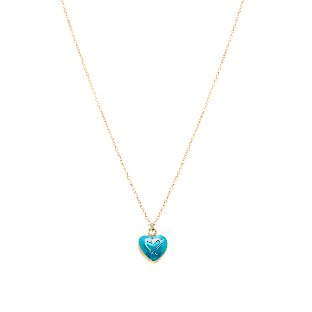 Collier en argent dor� pendentif coeur bomb� r�sine a chaud bleu ciel recto verso - 41+3cm - Vue 2