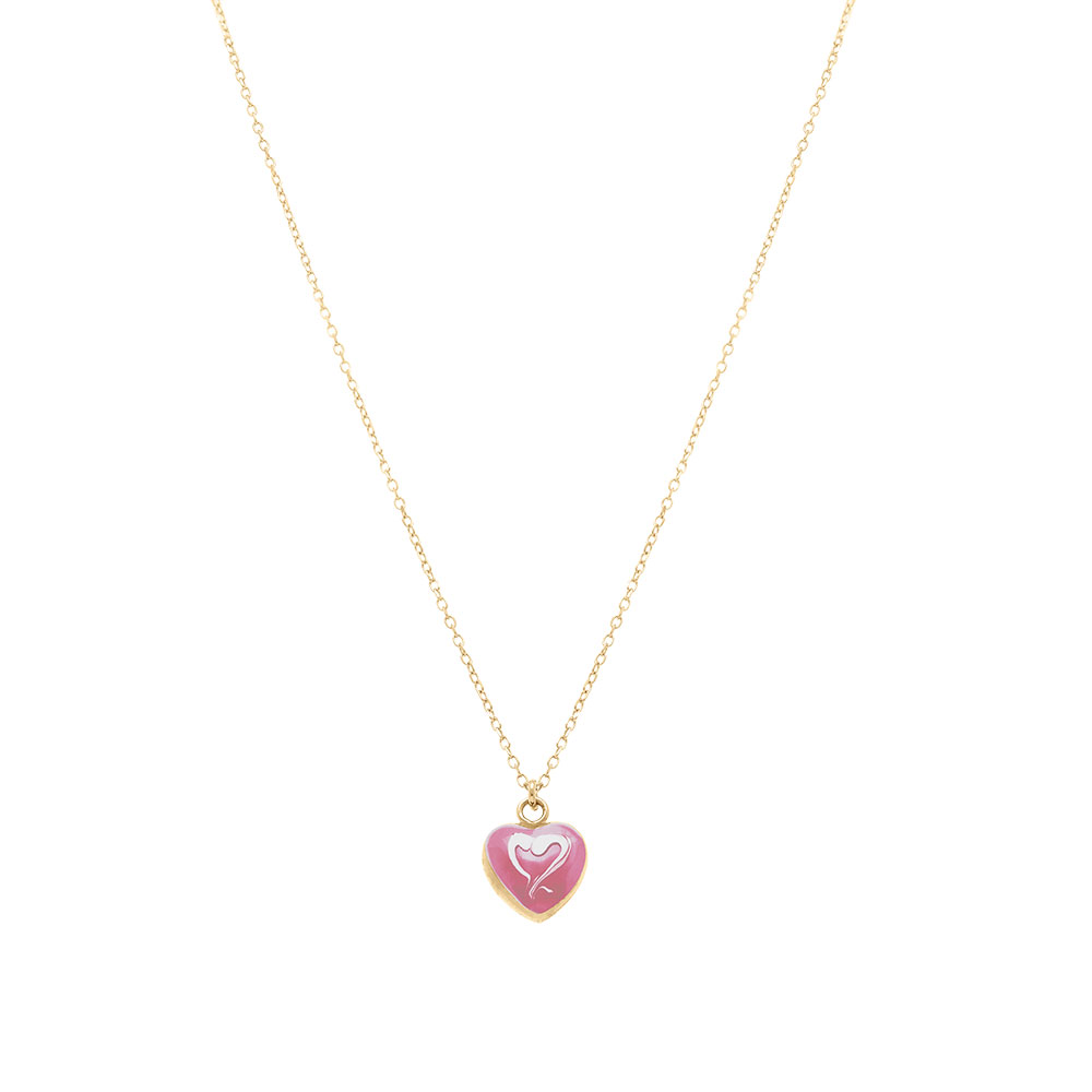 Collier en argent dor� pendentif coeur bomb� r�sine a chaud rose recto verso - 41+3cm - Vue 2