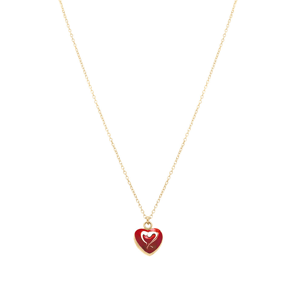 Collier en argent dor� pendentif coeur bomb� r�sine a chaud rouge fonc� recto verso - 41+3cm - Vue 2