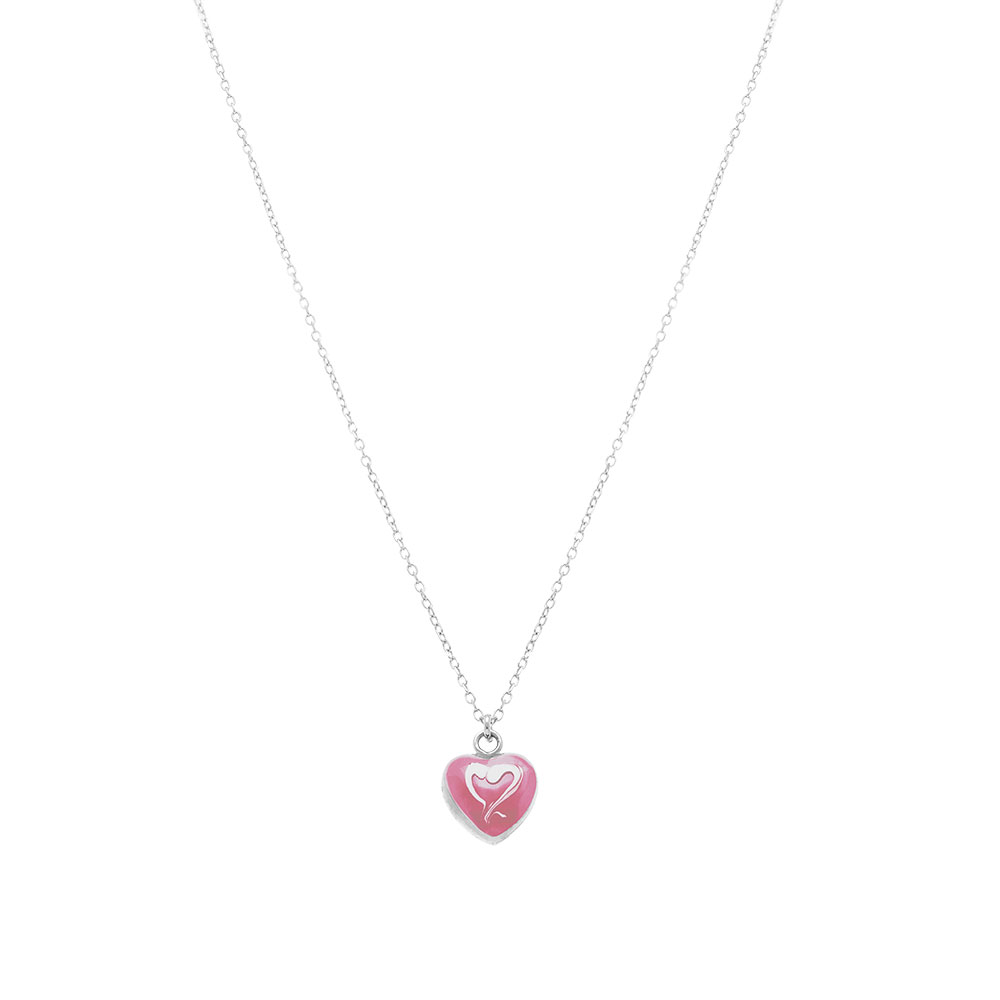 Collier en argent rhodi� pendentif coeur bomb� r�sine � chaud rose recto verso - 41+3cm - Vue 2