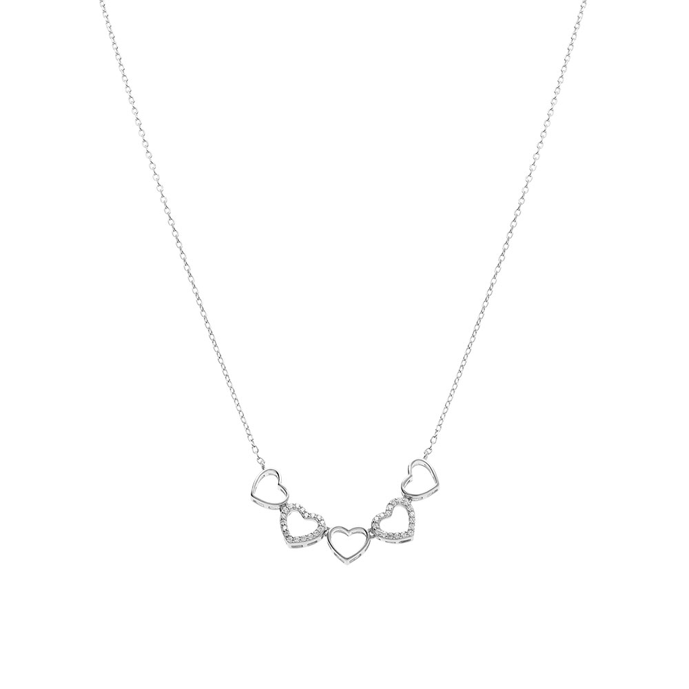Collier en argent rhodi� multi coeurs lisses et deux avec oxydes blancs sertis - 40+3cm - Vue 2