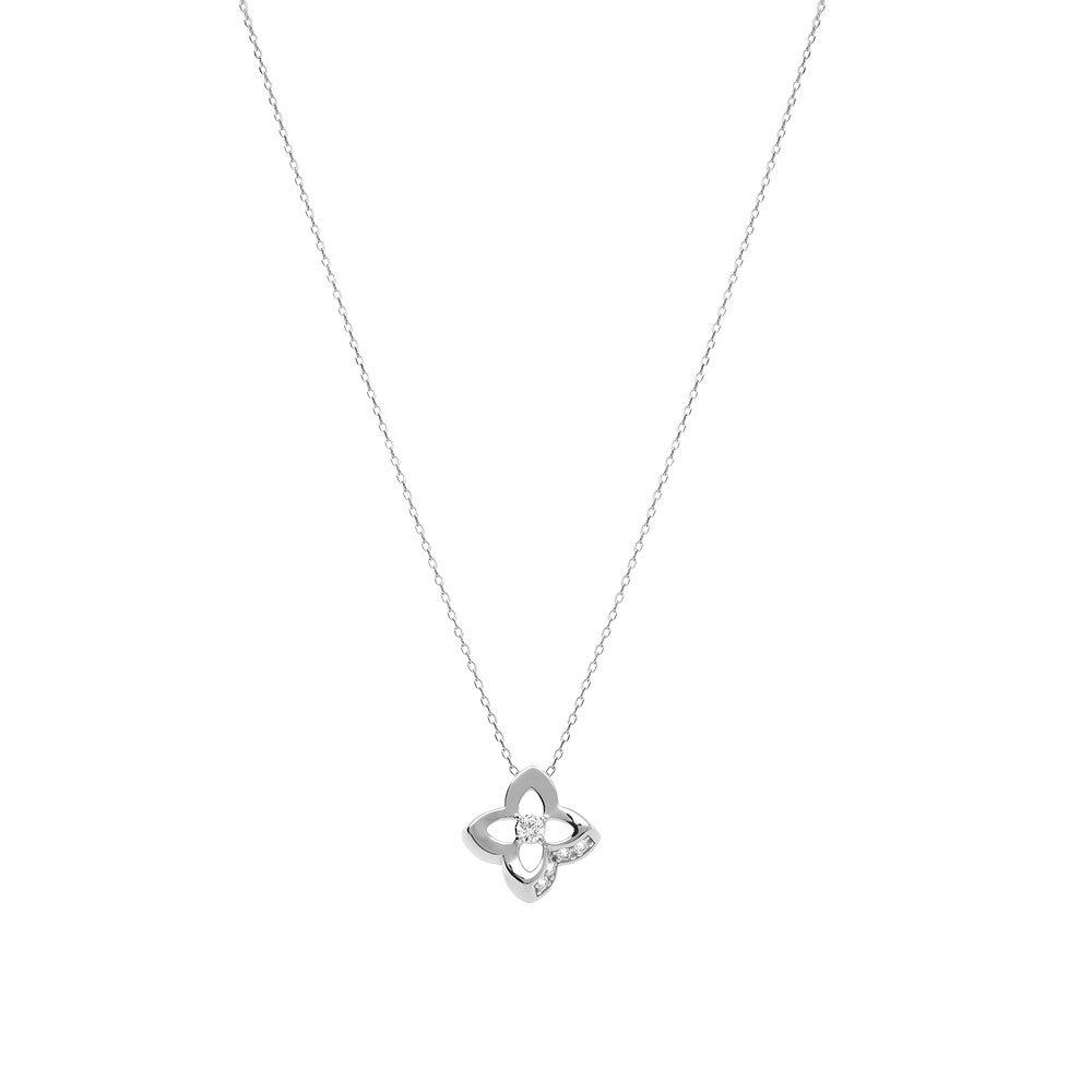Collier en argent rhodi� pendentif fleur oxydes blancs et oxyde cental sertis - 40+3cm - Vue 2