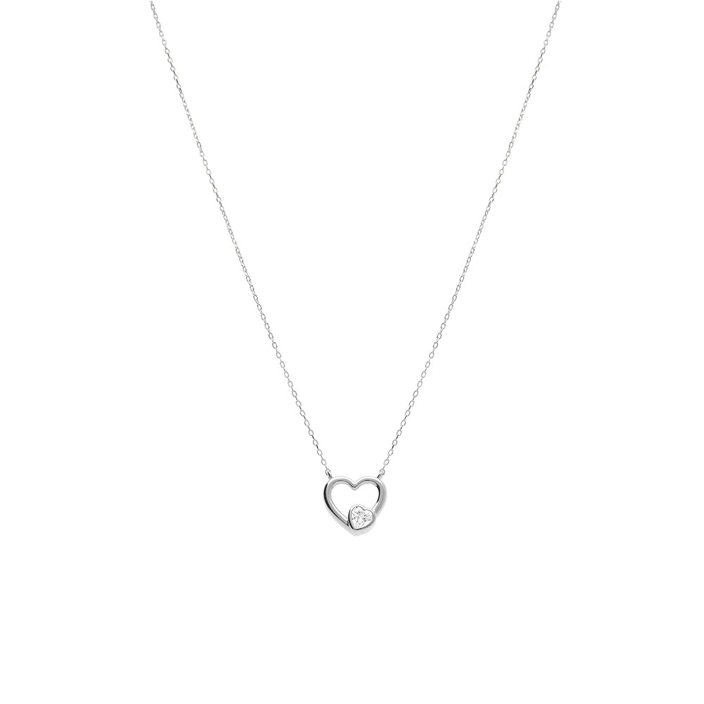 Collier en argent rhodi� coeur lisse avec oxyde blanc serti - 40+3cm - Vue 2