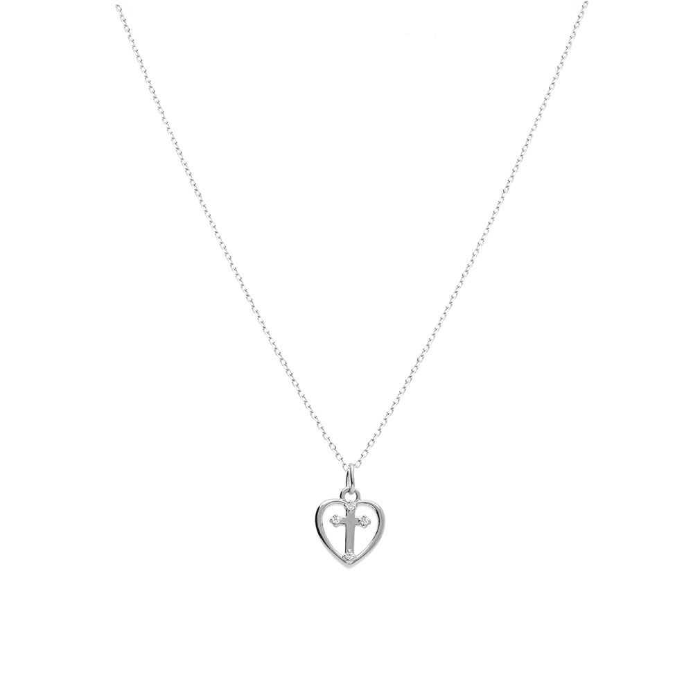 Collier en argent rhodi� coeur et croix avec oxydes blancs sertis - 40+3cm - Vue 2