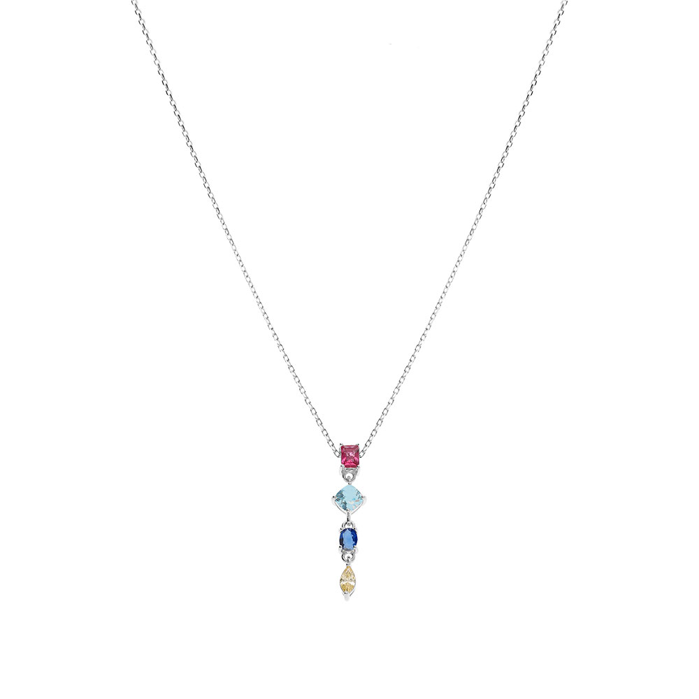 Collier en argent rhodi� pendant quatre oxydes multi couleurs - 40+3cm - Vue 2