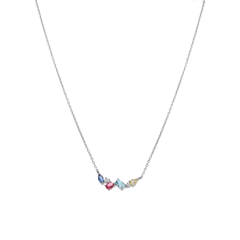 Collier argent rhodi� avec pendentif compos� d\' oxydes multi couleurs de forme asym�trique serti - 40+3cm - Vue 2