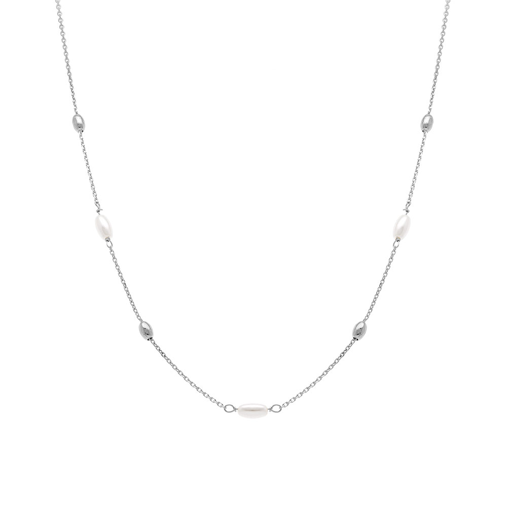 Collier en argent rhodi� perle blanche imitation et olives - 38+5cm - Vue 2