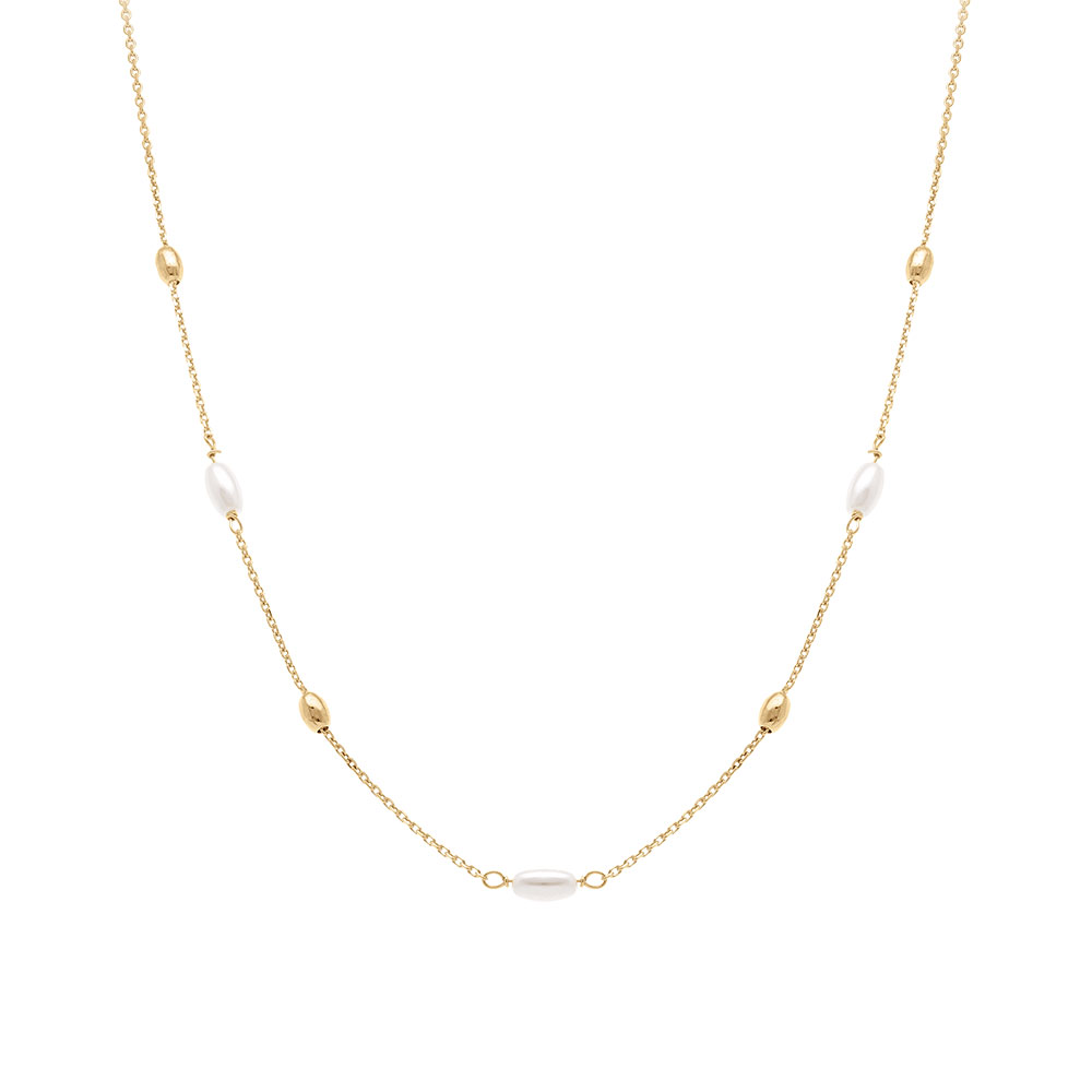 Collier en argent dor� perle blanche imitation et olives - 38+5cm - Vue 2