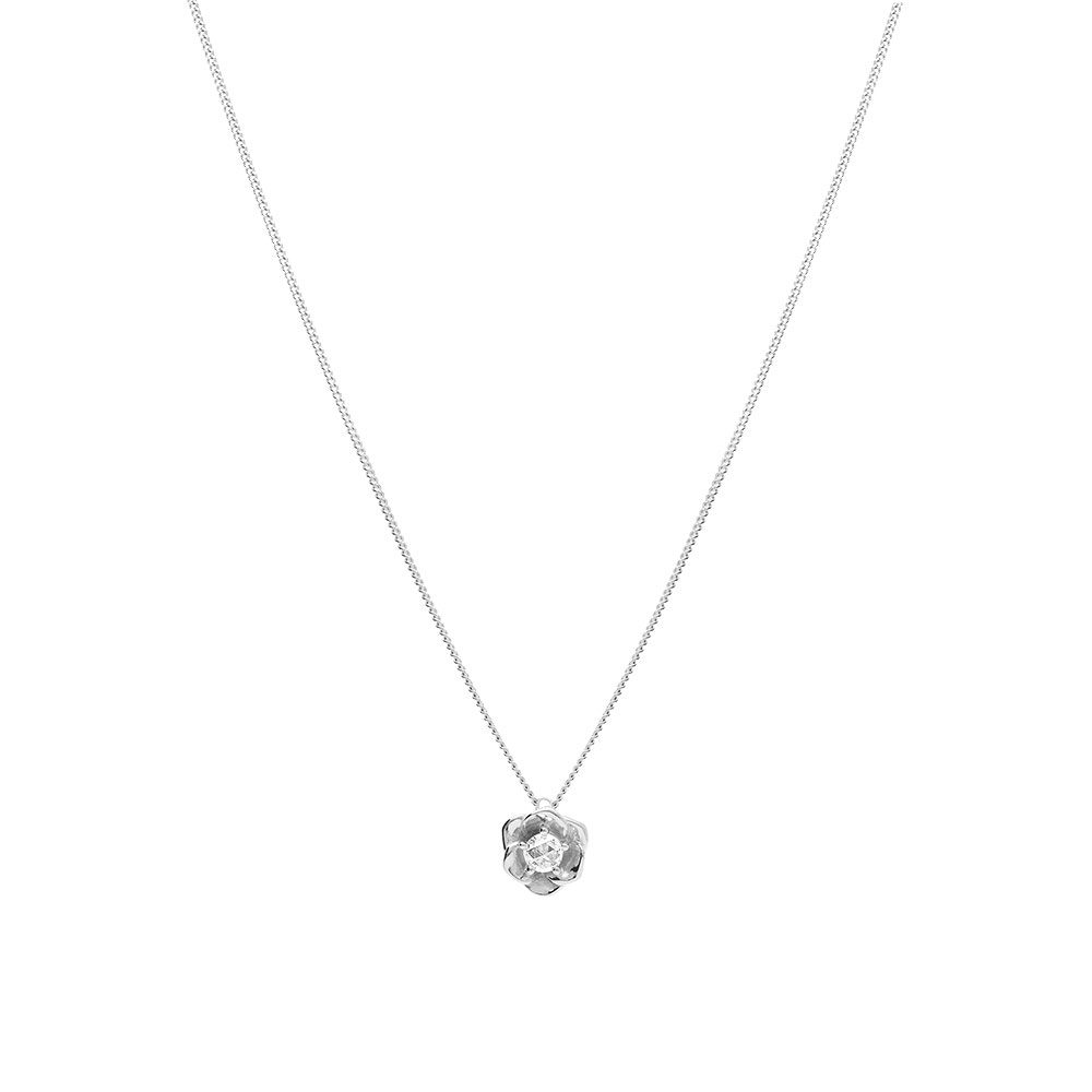 Collier en argent rhodi� fleur 8.2mm avec oxyde taill� en rose blanc serti - 42+3cm - Vue 2