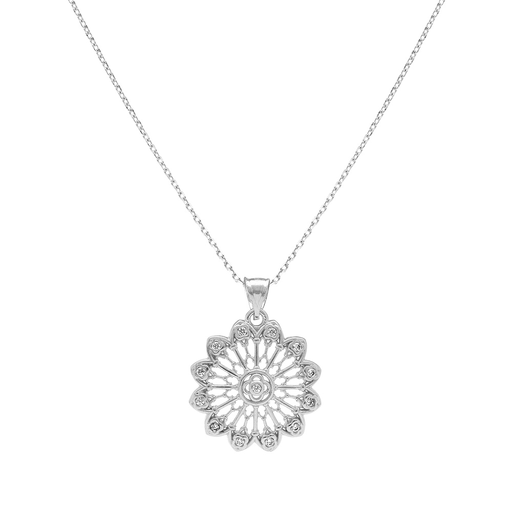 Collier en argent rhodi� pendentif fleur filigrane avec oxydes blancs sertis  - 40+5cm - Vue 2