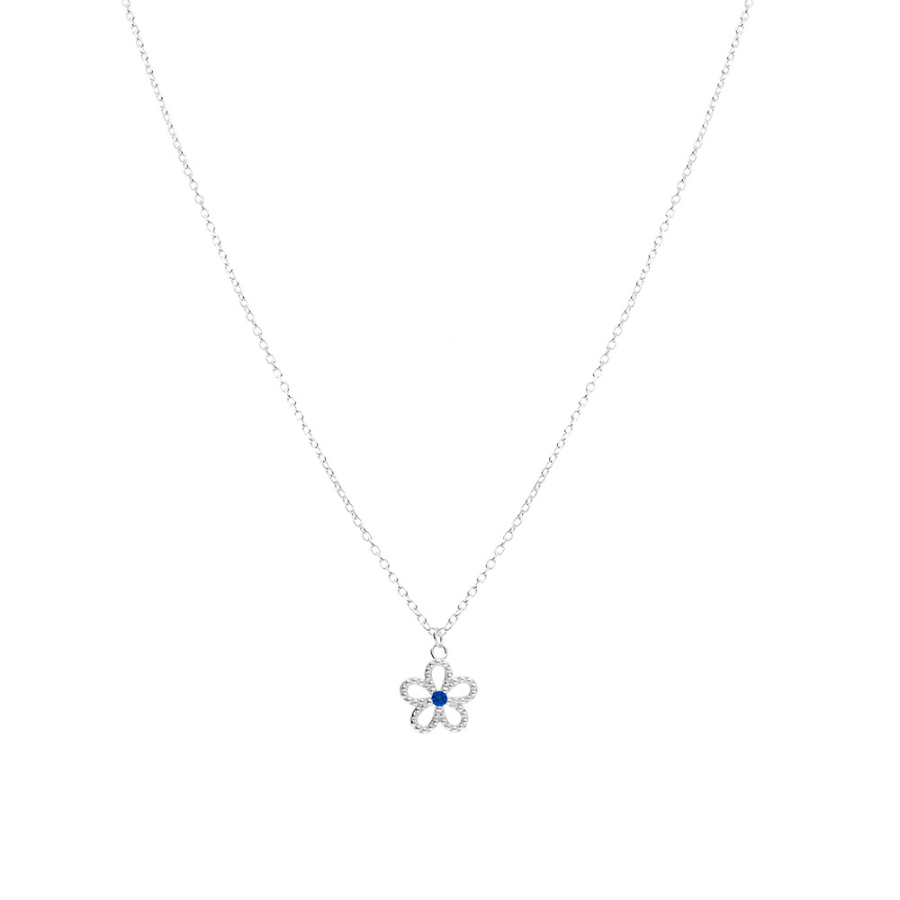 Collier en argent rhodi� pendentif fleur ajour�e avec oxyde bleu central- 39+4cm - Vue 2