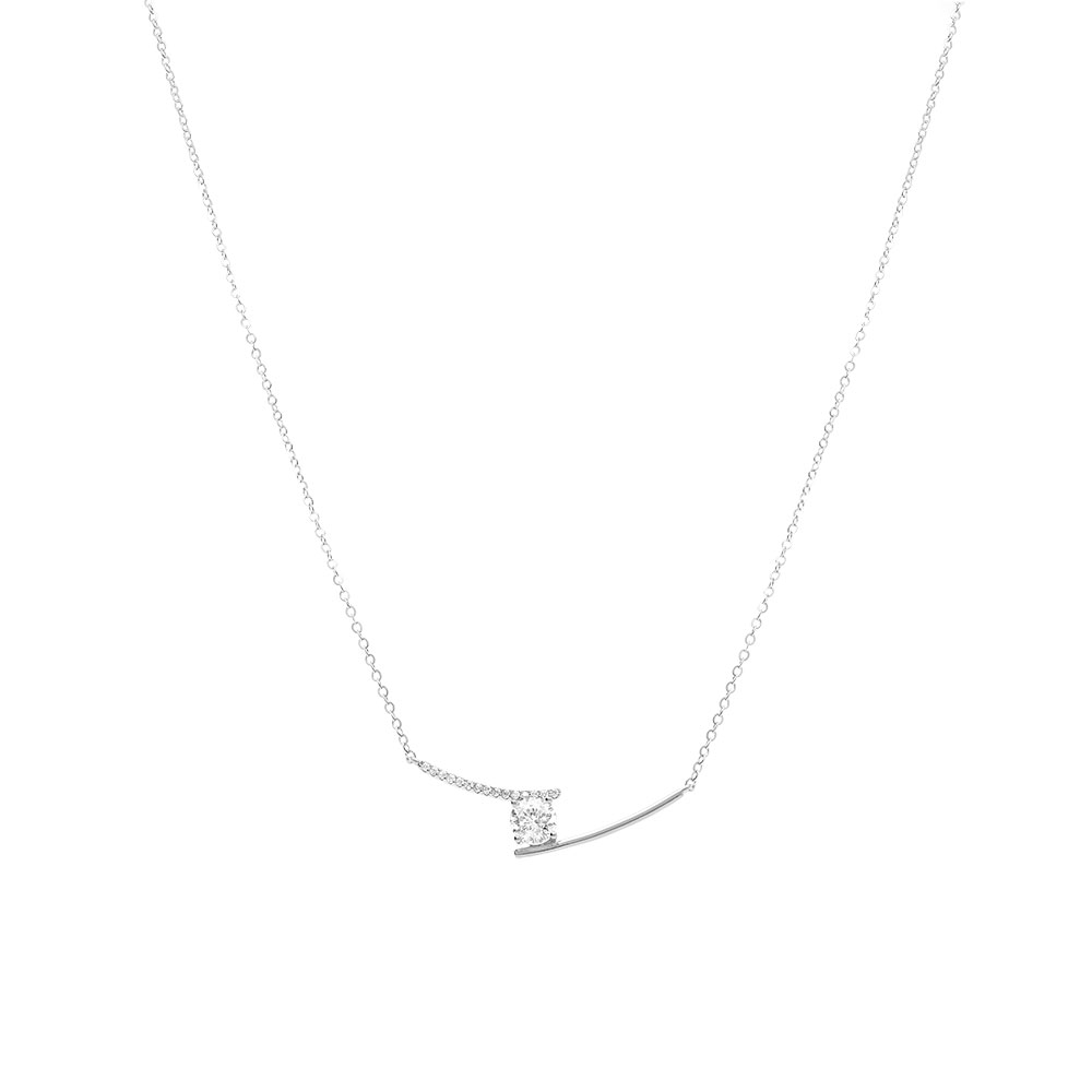 Collier en argent rhodi� avec pendentif compos� de deux lignes d�cal�es et entre elles un oxyde  blanc serti - 40+4cm - Vue 2