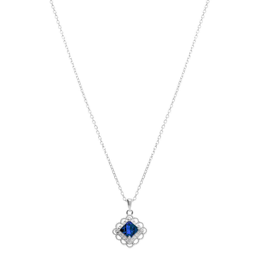 Collier en argent avec pendentif carr� oxyde bleu et halo d\'oxydes blancs sertis - 39+4cm - Vue 2