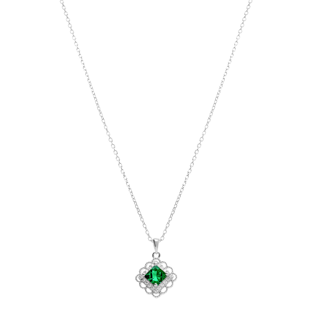 Collier en argent avec pendentif carr� oxyde vert et halo d\' oxydes blancs sertis - 39+4cm - Vue 2