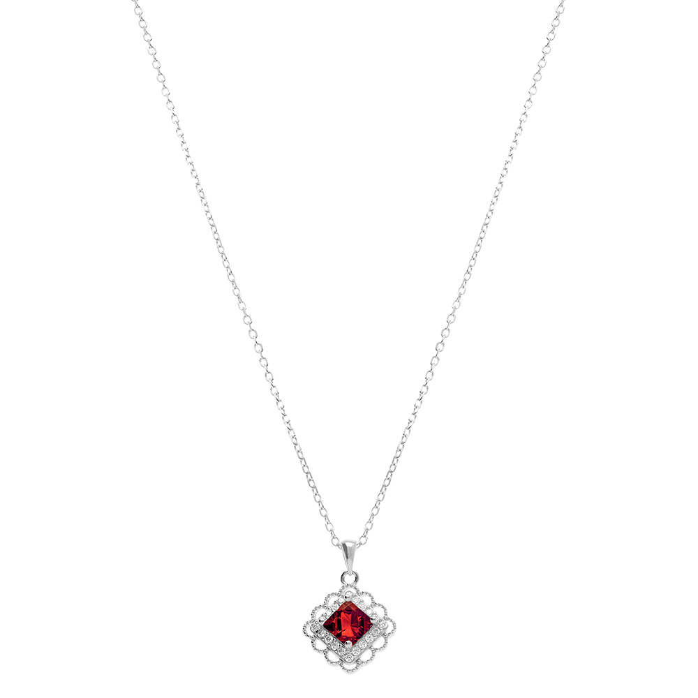Collier en argent avec pendentif carr� oxyde rouge et halo d\'oxydes blancs sertis - 39+4cm - Vue 2