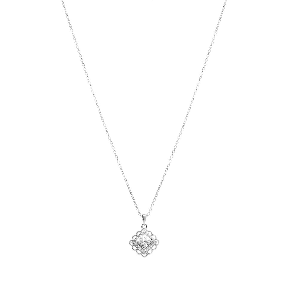 Collier en argent avec pendentif carr� en oxyde blanc serti - 39+4cm - Vue 2