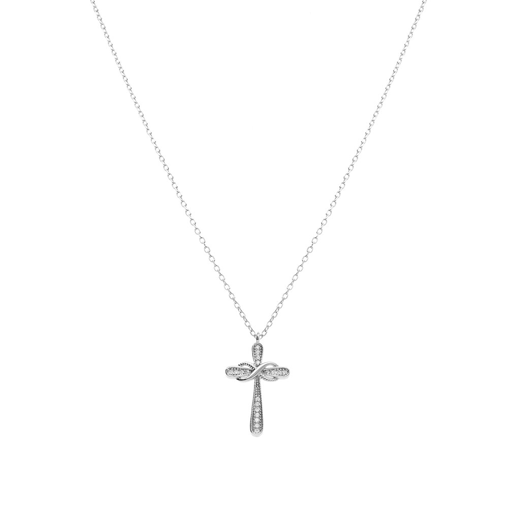 Collier en argent rhodi� croix avec infini et oxydes blancs sertis - 40+2+2cm - Vue 2