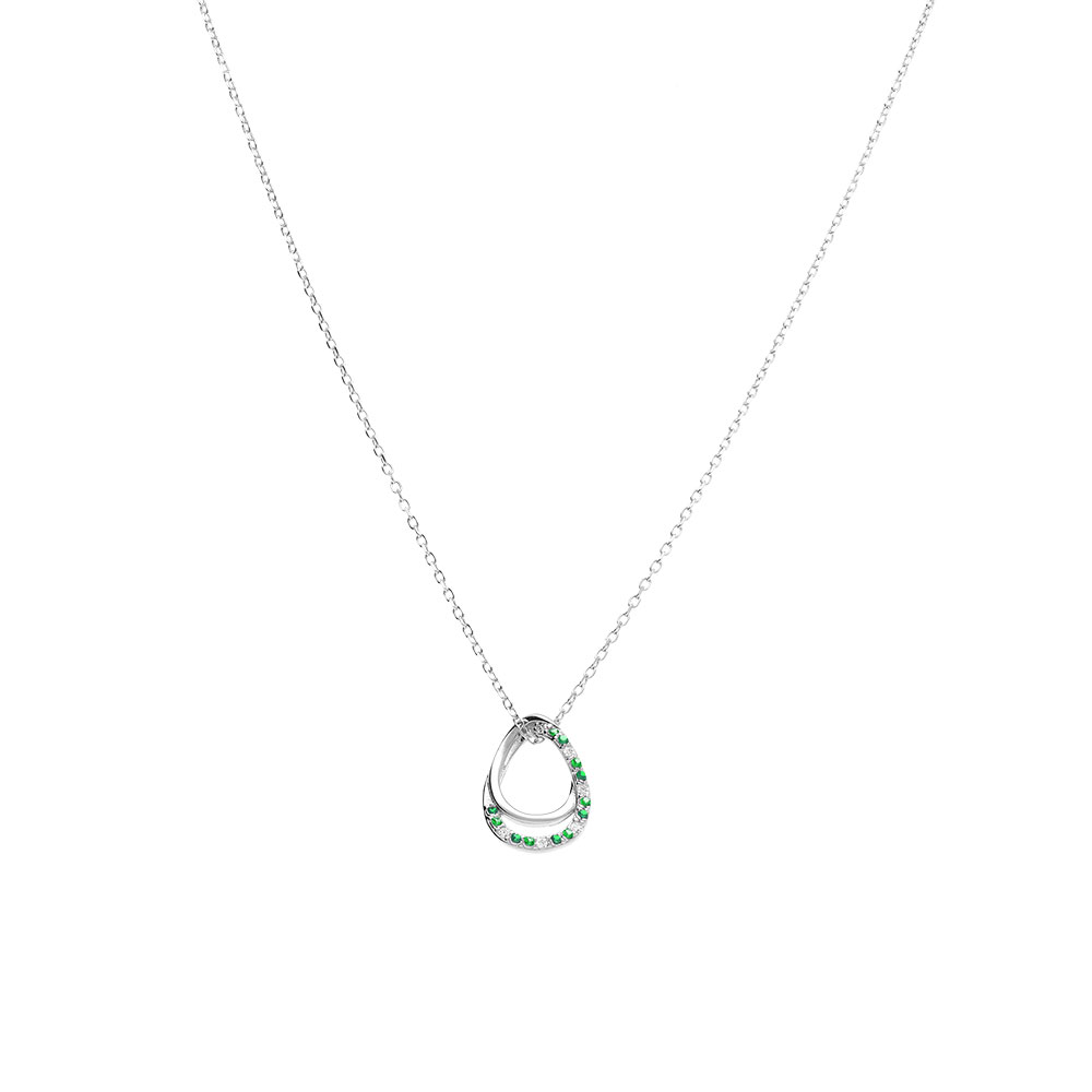 Collier en argent rhodi� pendentif goutte par� d\'oxydes verts et blancs sertis - 40+2+2cm - Vue 2