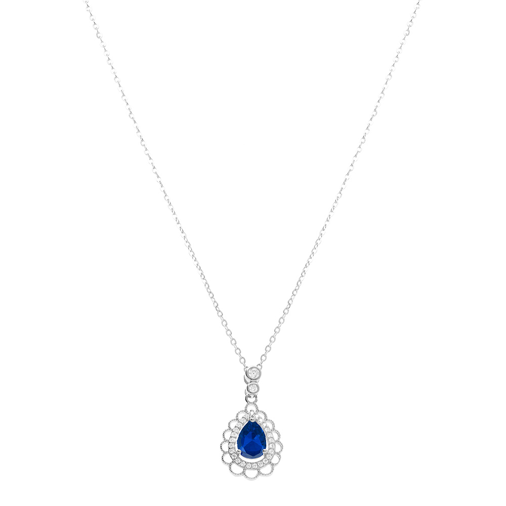 Collier en argent rhodi� avec pendentif goutte oxyde bleu et  oxydes blancs sertis et dentell� - 40+4cm - Vue 2