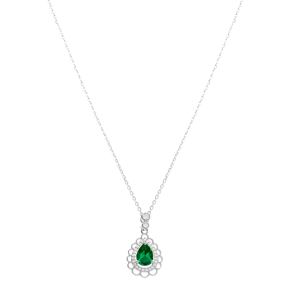 Collier en argent rhodi� avec pendentif goutte oxyde vert et  oxydes blancs sertis et dentell� - 40+4cm - Vue 2