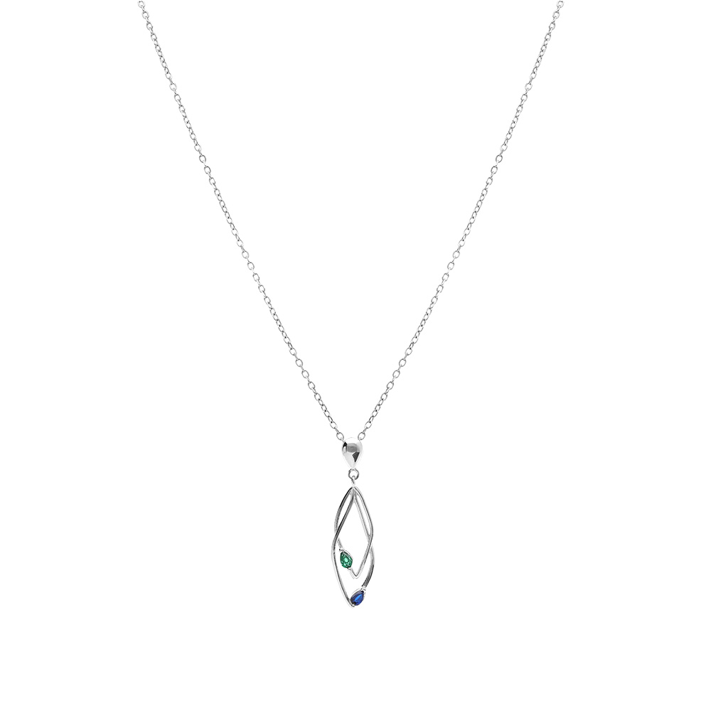 Collier en argent rhodi� deux  losanges entrelac�s avec oxydes bleu et vert sertis - 39+4cm - Vue 2